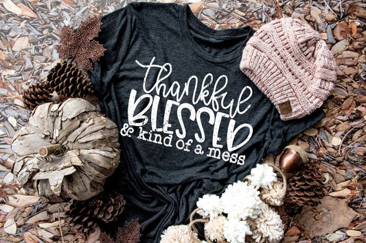 Thankful Blessed and Kind of a Mess Adult Graphic Tee