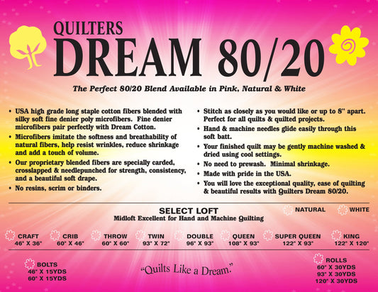 Quilters Dream Natural 80/20 Select Batting - Double 96" x 93"