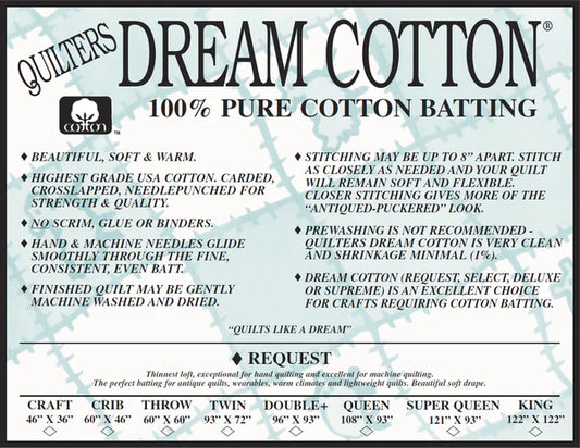 Quilters Dream Cotton Batting - Natural Request Craft 46” x 36”